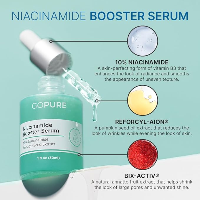 goPure 10% Niacinamide Serum Booster - Redness Reducing Skin Care, Reduces the Look of Skin Discoloration and Large Pores in Soothing Formula with Natural Extracts to Even Skin Tone - 1 fl oz