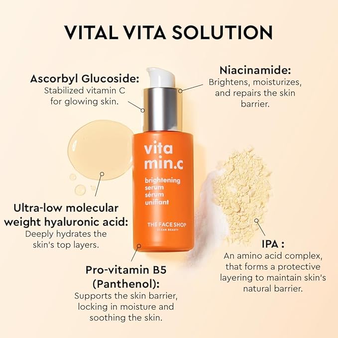The Face Shop Vitamin C Skin Brightening Serum - Brighten Complexion, Fade Dark Spots, Improve Dull & Uneven Skin Tone - Vitamin C Face Serum, Hyaluronic Acid, Niacinamide Serum - Korean Skin Care