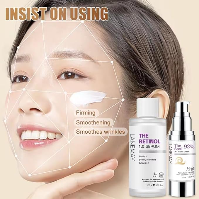 The LANEMY Retinol Serum & Snail Mucin Cream Skin Care Set, Daily Glow & Brighten, Fine Lines & Crow's Feet Treatment, Day and Night Care