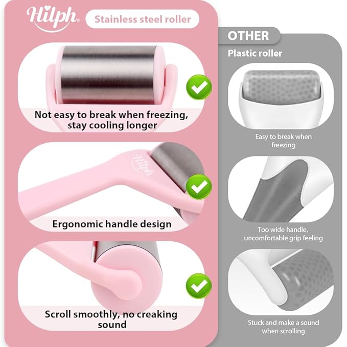 Hilph Ice Roller for Face Metal, Stainless Steel Ice Face Roller for Skin Care, Cold Facial Massager Roller for Puffiness, Eye Bags (Pink)
