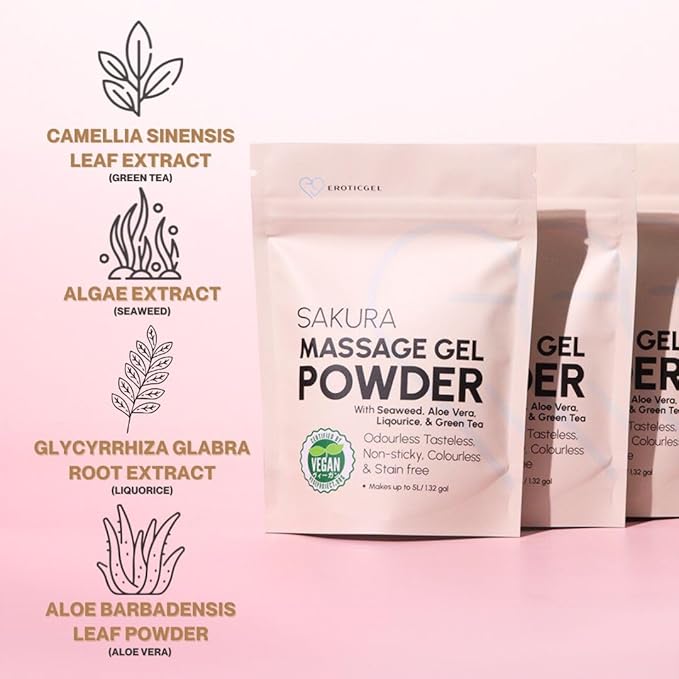 Japanese Nuru Massage Gel Powder 50g - Sakura Edition | Resealable Sachet | Aloe Vera, Seaweed, Liquorice, & Green Tea | Made in Japan | Odorless, Tasteless, Stain-Free | Makes Up to 1.32 Gal of Gel