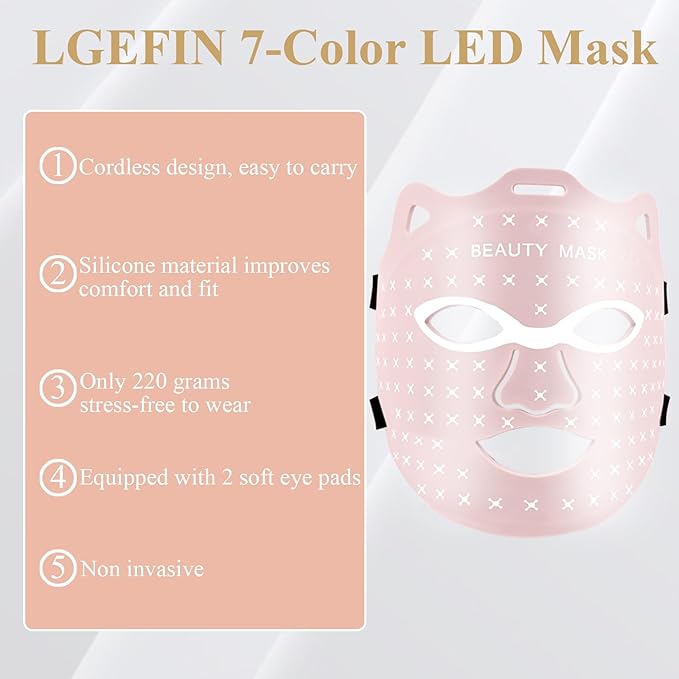 Red Light Therapy For Face,Led Face Mask Light Therapy, 7 Color Red Light Therapy Mask, Rechargeable,Portable,Household Led Face Mask (Pink)