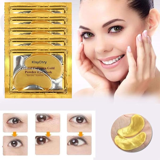 24K Gold Gel Crystal Collagen Lip and Eye Mask, 5 Pairs Gold Eye Mask Pads and 5 Pcs Gold Lip Patches for Moisturizing, Anti Wrinkle, Anti Aging, Hydrating Lips and Eyes