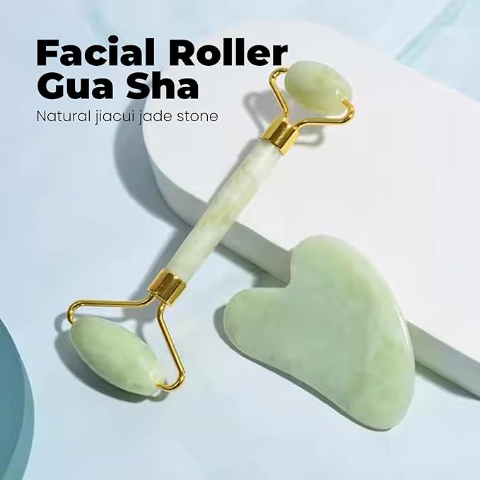 ROSELYNBOUTIQUE Gua Sha Facial Tools & Face Roller for Wrinkless Natural Skincare Tool Jade Roller Guasha Tool for Face Facial Massager (Jiacui Light Green)