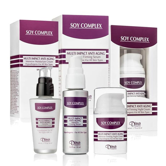 SOY COMPLEX COLLECTION consisting of Muti Impact Firming Serum, Anti Aging Moisturizer and Anti Aging Night Cream