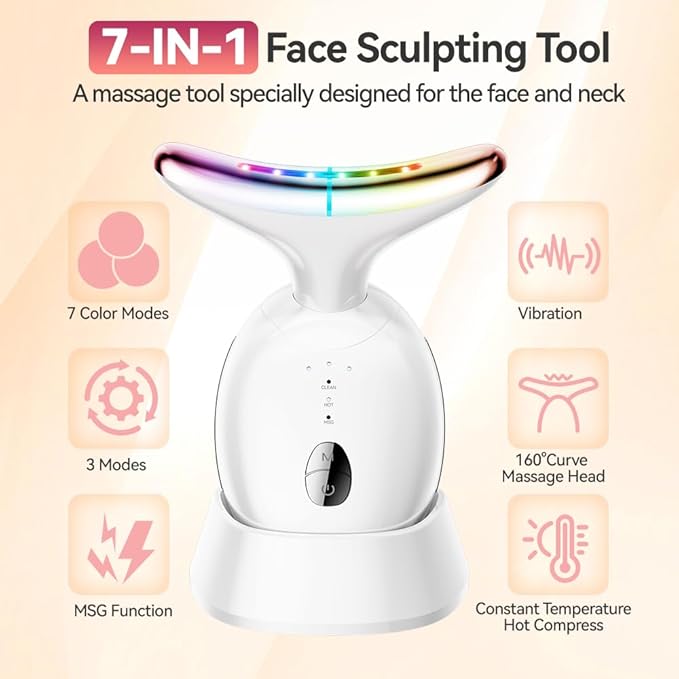 Facial Massager, Red-Light-Therapy Face & Neck Massage Gun, 7 Color, 3 Modes for Skin Care, Face Sculpting Tool