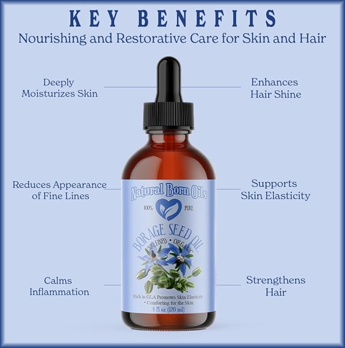 Natural Born Oils Borage Seed Oil, 1 Gallon, Organic, Cold-Pressed, High GLA, Vitamins & Minerals, Deep Skin Nourishment, Hair Vitality