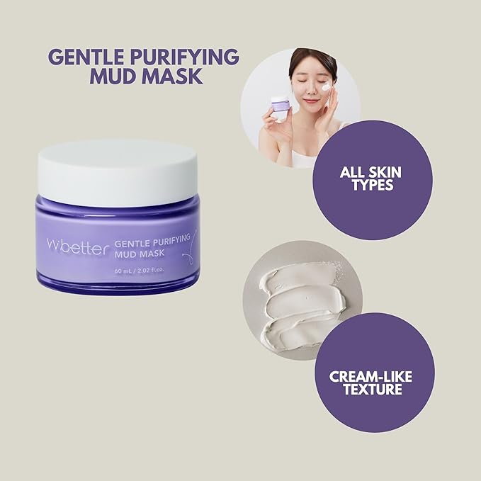 Gentle Purifying Mud Mask - Bentonite and Kaolin Clay Mask for Blackheads and Pores - Mineral Detox Korean Skincare for Glowing and Balanced Skin - For All Skin Types - 2.02 Ounces