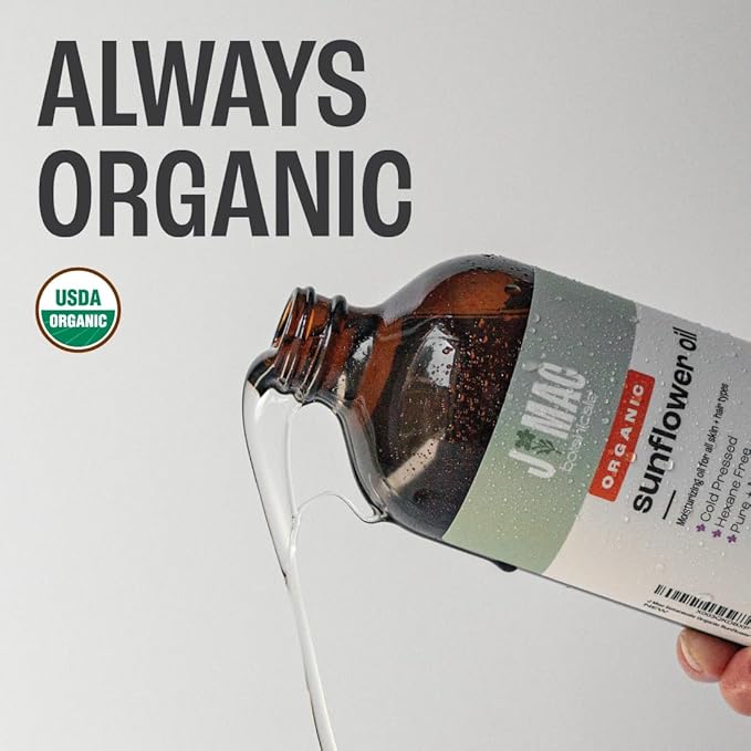 J MAC BOTANICALS Organic Sunflower Oil (16 oz Glass Bottle) USDA Organic Certified 100% Pure Carrier Oil, Moisturizing & Nourishing for Skin, Face, Hair