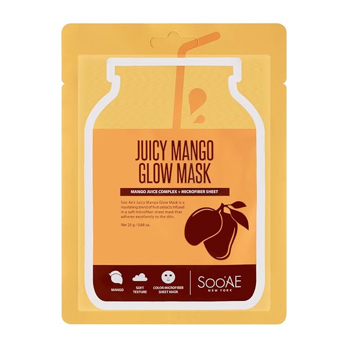 Soo’AE Juicy Mango Glow Mask [12 Count], Mango Juice Complex + Microfiber Sheet, Cute and Fun, Nourishing, Premium Quality, Korean Skincare, Cruelty Free, A Spa-like Experience At Home, 12 Value Pack
