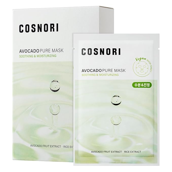 COSNORI AVOCADO PURE SHEET MASK (10pc) - Clean, Hydrating and Soothing for Dry skin, Korean Face Mask- Avocado Extract, 0.81oz x 10pc