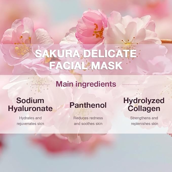 8 Pack Cherry Blossom Face Sheet Mask Skincare,Hydrating Face Mask For Sensitive Skin,Moisturize,Soothing,Nourish for All Skin Types,Natural Spa Party Facial Mask Skincare Set for Women Men Girls