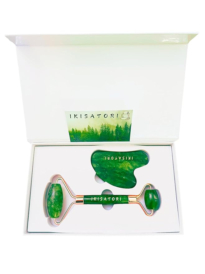 Green Jade Natural Stone Curved Facial Roller & Guasha Set - Jade Facial Massage and Face Sculpting Tool by Ikisatori (Green Jade)