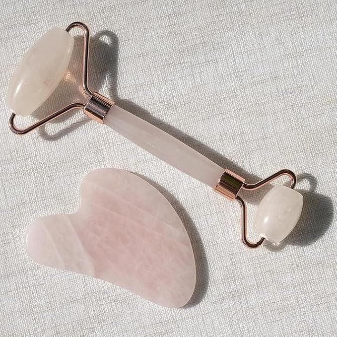 Rose Quartz Roller and Gua sha Set | Reduces Wrinkles, Fine lines and Dark Circles | Pink Jade Roller | Anti-aging Massager for Skin Toning and Tightening for Face, Eyes, Neck