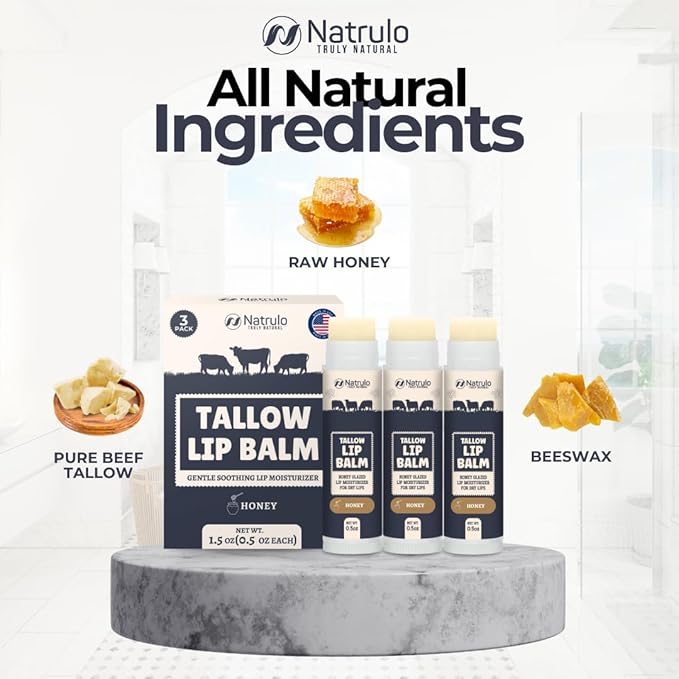 Beef Tallow Lip Balm – Natural Tallow Beeswax Chapstick – Hydrating Moisturizer Grass Fed Bison Tallow Balm Lip Care – Soothes Chapped Dry Lips, Sensitive Skin – Long Lasting Vitamin Rich USA-Made 3Pk