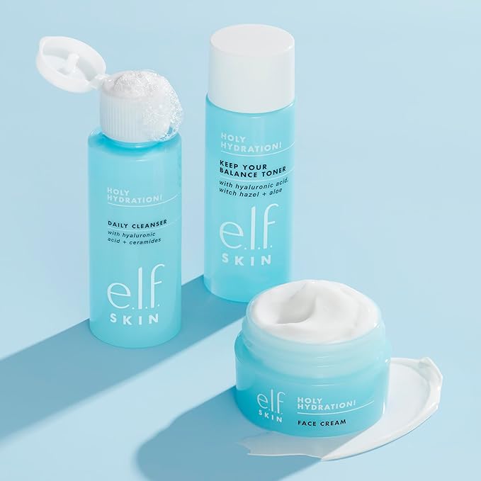 e.l.f. Skin Holy Hydration! The Essentials Mini Kit, Cleanser, Toner & Moisturizer for Hydrated & Balanced Skin, TSA-Friendly Sizes