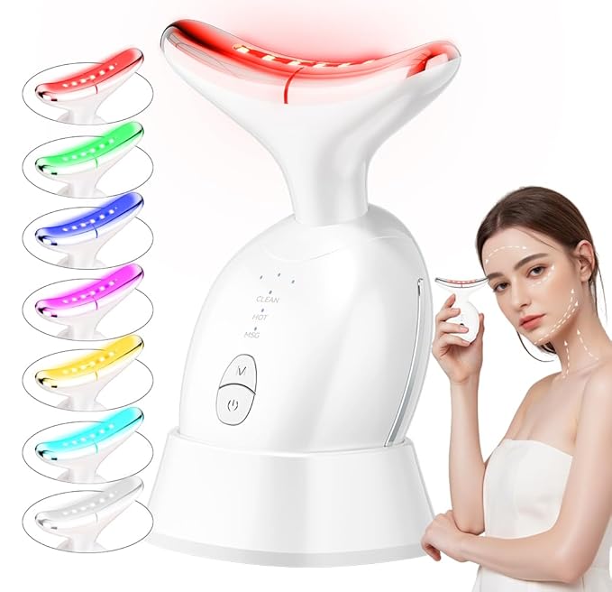 Face and Neck Massager, 7 Colors Face Sculpting Tool，Face Lift Device for Skin Care，at-Home Face Tool with Vibration and Thermal (White)