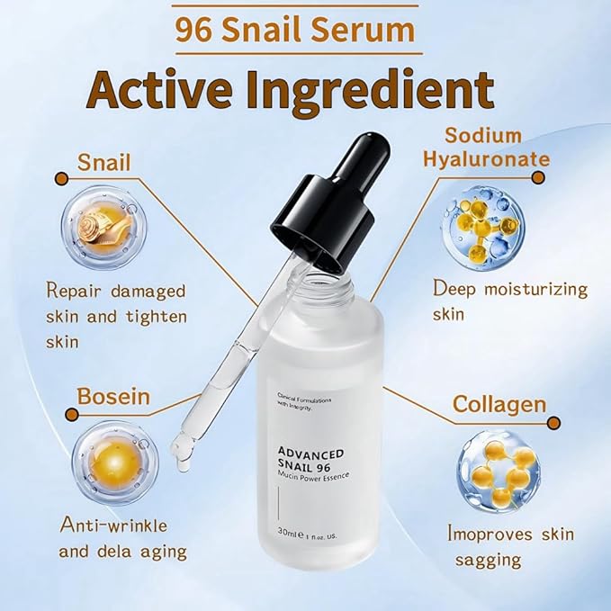 96 Snail Slime Facial Repair Serum, Facial Moisturizing Essence, Snail Secrete Filtrate for Darkening Skin and Fine Lines, Reducing Acne,Anti-aging Facial Serum 30ML