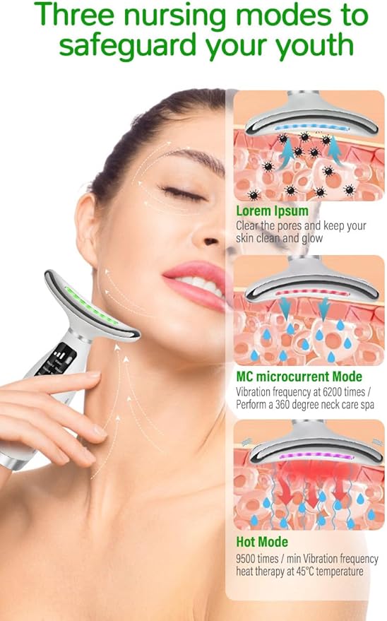 7-in-1 Neck and Face Grooming Device with Red Light Therapy, 3 Vibration Modes and Ergonomic Design to Firm Skin and Eliminate Wrinkles