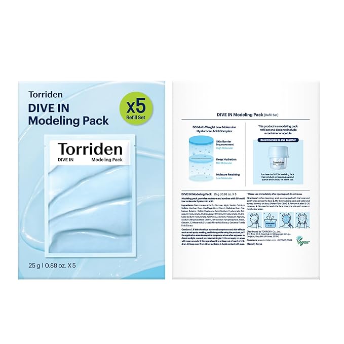 Torriden DIVE IN Modeling Mask (pack of 5) | Intensive Hydration and Cooling | 5D Hyaluronic Acid Complex, Glucose & Algin, Kaolin