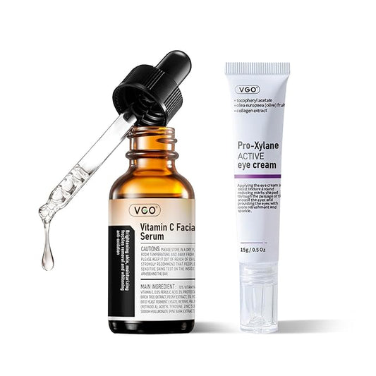 VGO Vitamin C Vitamin E Facial Serum 2.02oz + Eye Repair Cream for Dark Circles & Puffiness 0.5oz