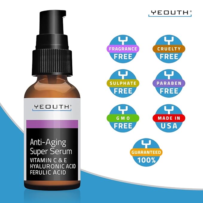 YEOUTH Anti Aging Serum for Face with Hyaluronic Acid, Ferulic Acid, Vitamin C and E, Hydrating Face Serum for Women and Men Targets Dull and Dry Skin 1oz