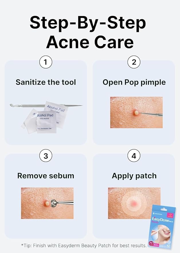 EasyDerm Multi-Step Pimple Patch Set – 4-Type Korean Pimple Patches + Free 2-in-1 Dual-Tip Extractor for Complete Skincare
