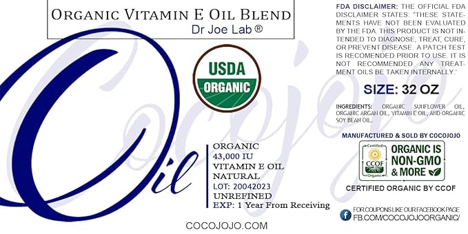 Dr Joe Lab Organic Vitamin E Oil Full Spectrum for Skin, Vitamin E Oil for Hair, Face, Liquid Body Oil, Pure Natural Cold Pressed Unrefined, Moisturizes & Nourishes, Non-GMO - 32 Oz