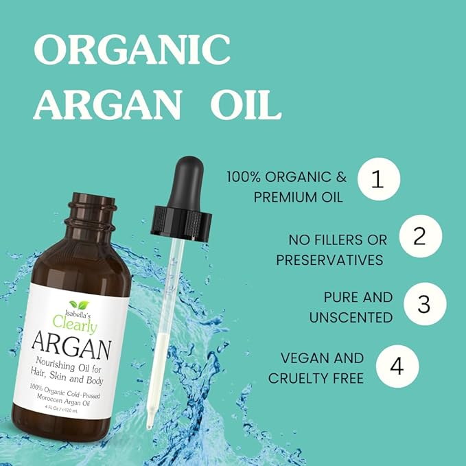 Isabella's Clearly Organic ARGAN Oil of Morocco | 100% Pure Cold Pressed Moroccan Oil for Hair, for Face, for Scalp, for Skin, for Nails and for Body | Virgin, Unrefined, In Glass Bottle (Bulk 4 oz)