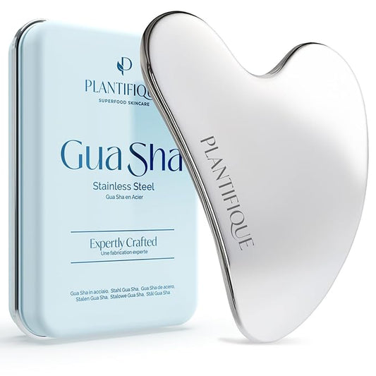 PLANTIFIQUE Stainless Steel Gua Sha | Facial Tool | Skin Massage for Face Body Eyes Neck Heart Style with Travel Pouch | Skin Care Gift