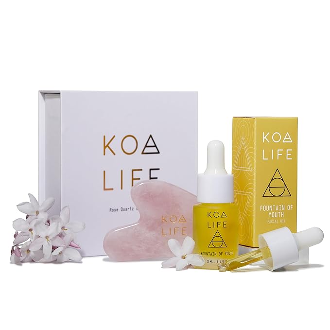 KOA LIFE Anti-Aging Set - Anti-Aging Facial Oil, Deep Hydration, Rosehip Oil, Gua Sha Massage Stone, Organic Ingredients, Allergen Free - 0.5 Oz