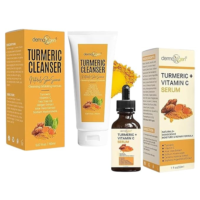 Turmeric Oil with Facial Cleanser Bundle – Organic Moisturizer for Acne, Dark Spots, Anti-Aging, & Hydration + Exfoliating Cleanser for Acne Scars & Skin Discoloration (2 FL OZ + 5 OZ)