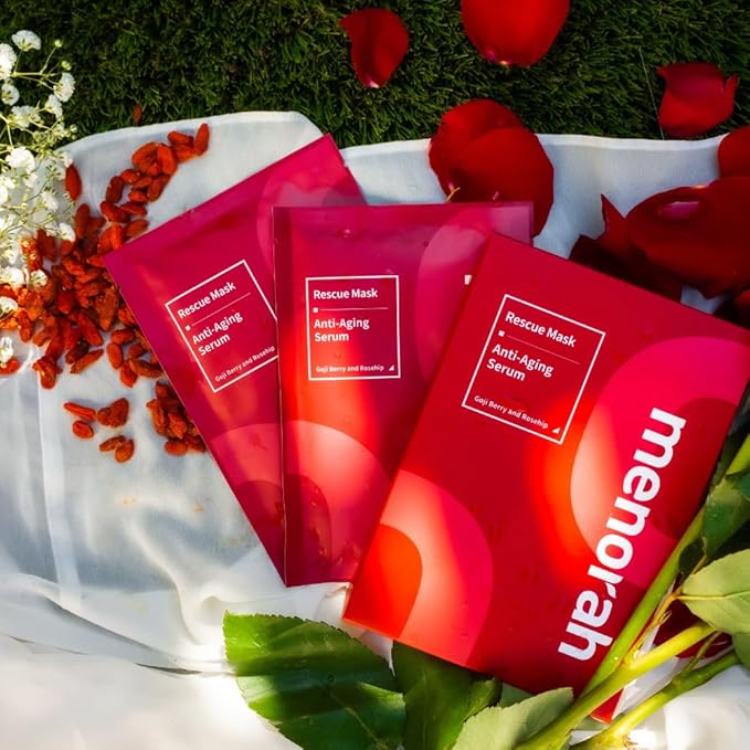 menorah skincare - Anti-Aging Serum Rescue Sheet Masks (4 Sheets) - with Goji Berry, Rosehip, Facial Mask, Skin Firmness and Elasticity