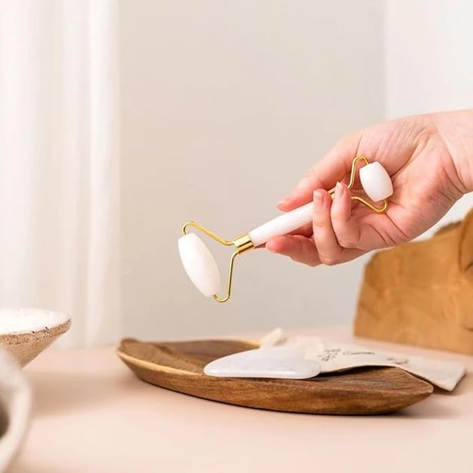 Gua Sha and Jade Roller Set for Facial Massage – Skin Care Tools to Reduce Puffiness and Redness, Perfect Self-Care Gift for Men and Women (White)