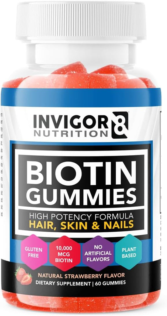 INVIGOR8 Biotin Gummies 10000mcg | Hair Skin Nails Vitamins Biotin Supplement for Women Men & Kids 5000mcg x2 | Vegan Kosher Halal | Strawberry Flavor | 60