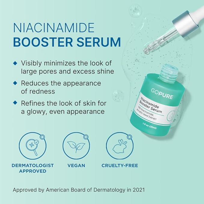 goPure 10% Niacinamide Serum Booster - Redness Reducing Skin Care, Reduces the Look of Skin Discoloration and Large Pores in Soothing Formula with Natural Extracts to Even Skin Tone - 1 fl oz