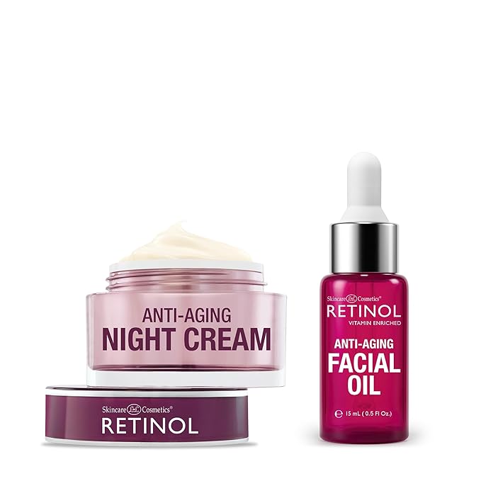 Retinol Night Cream – Works While You Sleep to Restore and Reduce Fine Lines and Wrinkles + Retinol Anti-Aging Facial Oil – With Nine Essential Oils, Restores Hydration and Nourishment