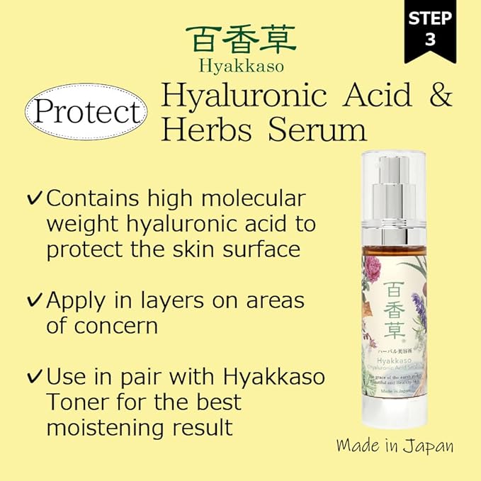 Hyakkaso Hyaluronic Acid & Herbs Serum, Natural Skincare, Hot Spring Onsen water & Minerals, Moisturing and Hydration, All Skin types 50ml 1.7 fl Oz with Mini Soap, Toner glass skin trabel