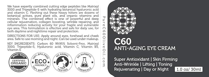C60 Anti-Aging Eye Cream 30ml with Matrixyl 3000, Tripeptide-5, Hydrating Botanical Hyaluronic Acid and Vitamin C for Men & Women Made with Organic Ingredients