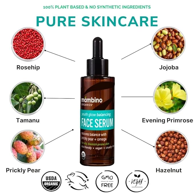 Youth Glow Balancing Serum – Organic, Face Serum with Tunisian Prickly Pear – Nourishing Omegas & Vitamin C for Oily, Blemish-Prone Skin – Cruelty-Free Skin Care by Mambino Organics, 1 fl oz