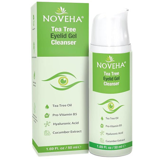 NOVEHA Tea Tree Eyelid Gel Cleanser - for Blepharitis, MGD, and Dry Eye with Pro-Vitamin B5, Hyaluronic Acid, and Cucumber Extract - Gentle Cleansing, Soothes Itchy Eyelid and Burning Eyes - 50mL