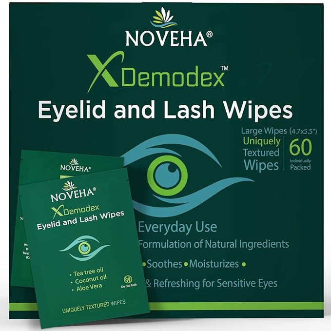 NOVEHA Demodex Eyelid & Lash Wipes | Box Of 60 Individually Wrapped Extra Strength Cleansing Eyelash Wipes - Battle Itchy & Irritated Eyes associated with Demodex Mites, Naturally Remove debris