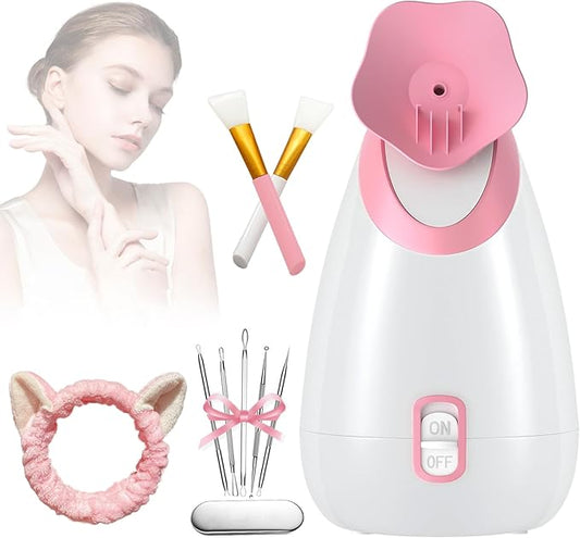 AUSSEN Facial Steamer,Nano Ionic Hot Mist Face Steamer Humidifier Atomizer Deep Cleaning Unclogs Pores Sinuses with Stainless Steel Skin Kit Brushes Hair Band for Home Facial Sauna Spa