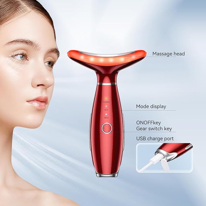 Neck Face Massager, 3-in-1 Portable Facial Massager (Red)