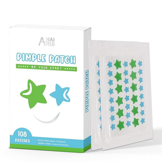 Star-Shaped Pimple Patch Hydrocolloid Acne Stickers with Tea Tree Oil + Salicylic Acid, Cover Dot for Acne Blemish, Pimples, Whiteheads, Zit, Draw out Oil & Impurities, 108 Dots, 12mm & 8mm