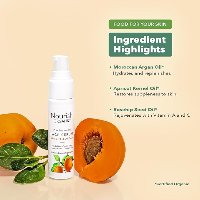 Nourish Organic Face Serum, Apricot & Argan – Pure Hydrating Facial Serum with Vitamin C and Vitamin A + Washable Cotton Round