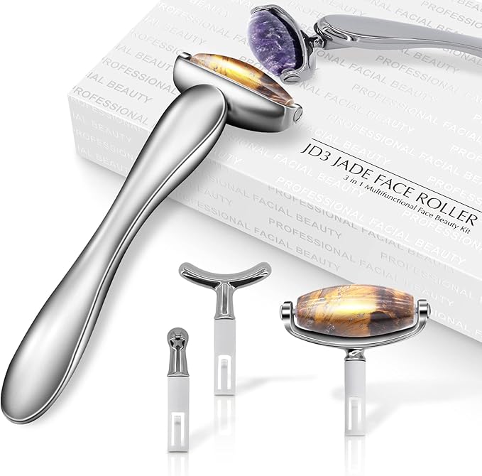 I·B·N G Jade Face Roller, Facial Tools Face Rollers for Women, Face Massage Skin Care Beauty Tools with 3 Interchangeable Heads (Cat Eye+Black)