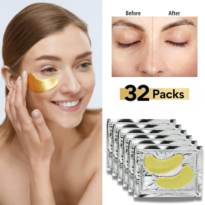 32 Pairs 24K Gold Under Eye Patches with 4 pieces of Lip Mask, Anti-Aging Eye Mask, Under Eye Mask Dark Circles and Puffiness, Wrinkles Patches with Hydrogel, Collagen Eye Pad