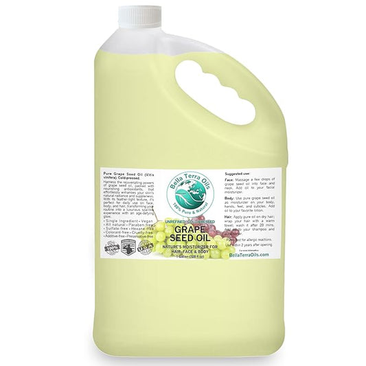 Bella Terra Oils Pure Grape Seed Oil – 1 gallon, Antioxidant-Rich, Lightweight, Radiant Skin, Frizz-Free Hair, Silky Touch