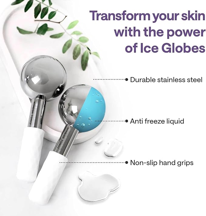 Ice Globes for Face – Stainless Steel Facial Ice Globes for Puffiness, Wrinkles, Skin Tightening – Cooling Face Roller for Lymphatic Drainage, Cryo Therapy, Eye Depuffing, Anti-Aging, Facial Massage